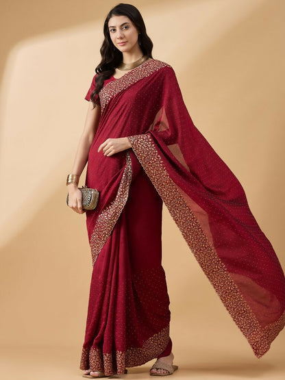 Maroon Silk Blend Embroidered Saree with Unstitched Blouse - Vairagi - Distacart