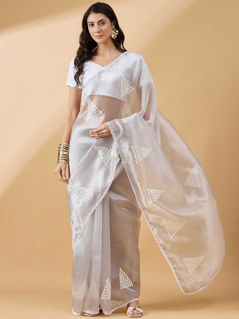 Grey Tissue Slub Embroidered Saree with Unstitched Blouse - Vairagi - Distacart