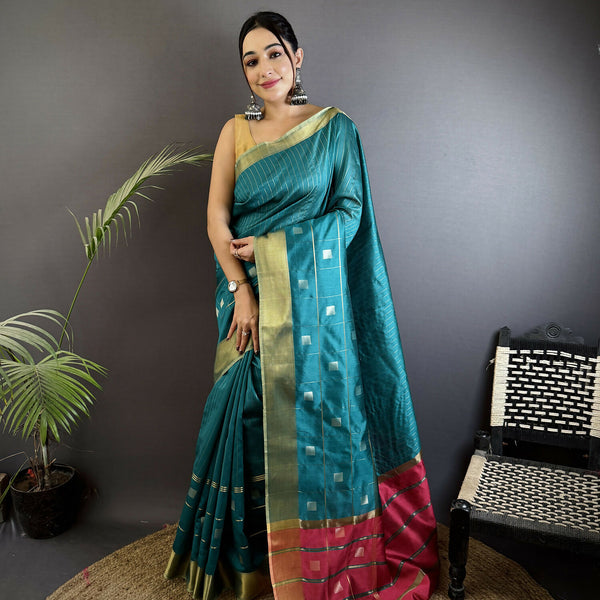 Joban Fashion Sea Green Bhagalpuri Cotton Silk Stripes/Box Saree