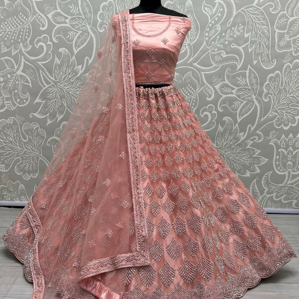 Jyoti Fashion Women's Pink Bridal Net Fancy Dori & Multi Thread Embroidered with Zircon Diamond Work Wedding Lehenga Choli - Distacart