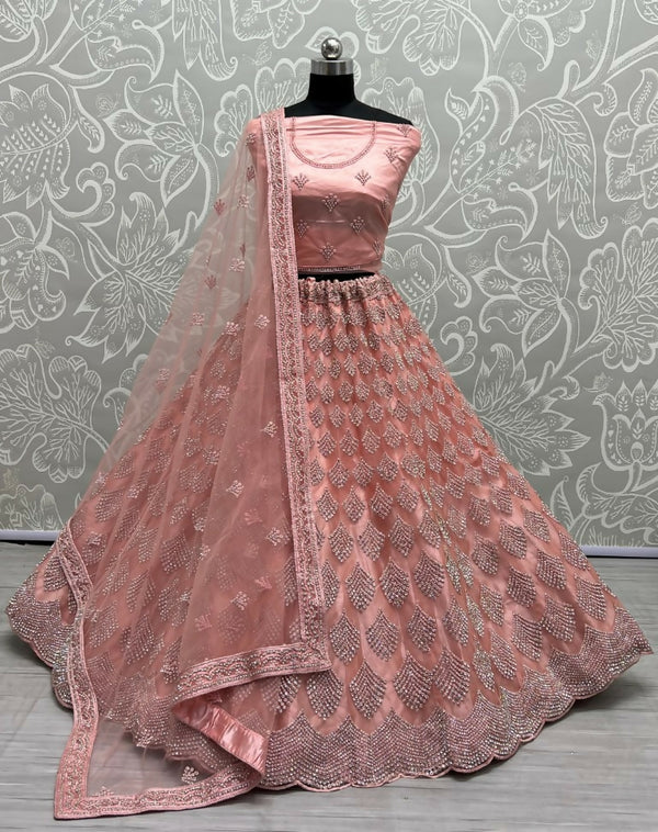 Jyoti Fashion Women's Pink Bridal Net Fancy Dori & Multi Thread Embroidered with Zircon Diamond Work Wedding Lehenga Choli - Distacart