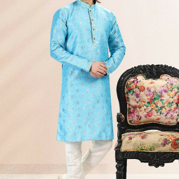 Raivat Ethnic Jacquard Banarasi Silk Pintux Work Kurta Pajama In Blue Colour - Distacart