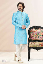 Thumbnail for Raivat Ethnic Jacquard Banarasi Silk Pintux Work Kurta Pajama In Blue Colour - Distacart