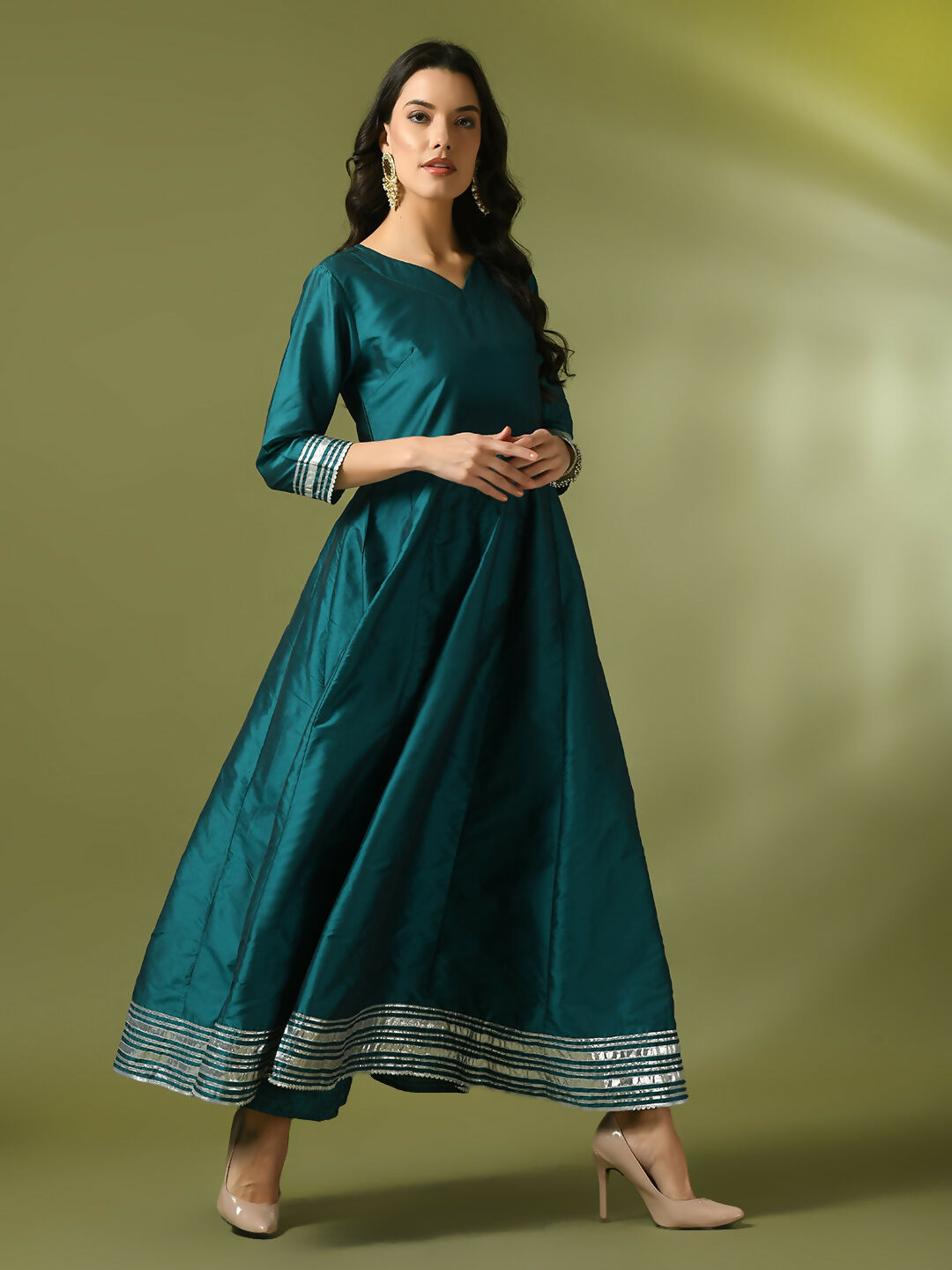 Myshka Women's Teal Solid Silk Anarkali Party Kurta - Distacart