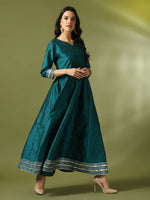 Thumbnail for Myshka Women's Teal Solid Silk Anarkali Party Kurta - Distacart