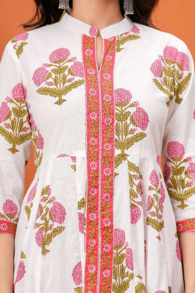 Jaimini Women Cotton Printed Mandarin Collar Neck Calf Length Flared Kurta Pant And Dupatta Set - Dista