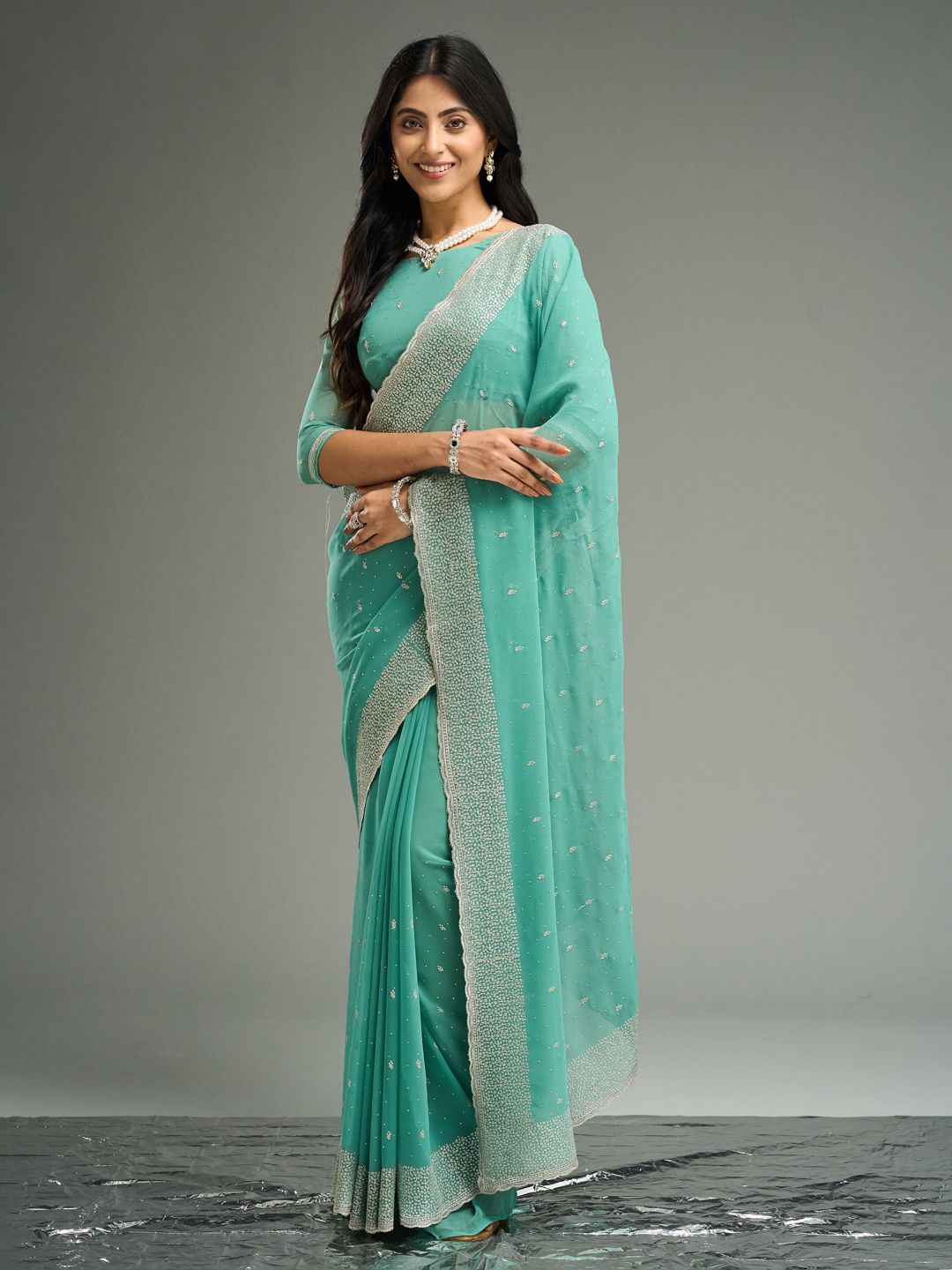 kasee Floral Embroidered Beads and Stones Pure Georgette Saree - Distacart