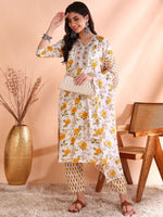 Thumbnail for Ode by House of Pataudi Floral Printed Sequinned Pure Cotton Kurta With Trouser & Dupatta - Distacart