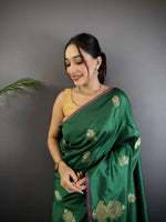 Thumbnail for Joban Fashion Dark Green Banarasi Lichi Silk Gold Zari Meena Saree