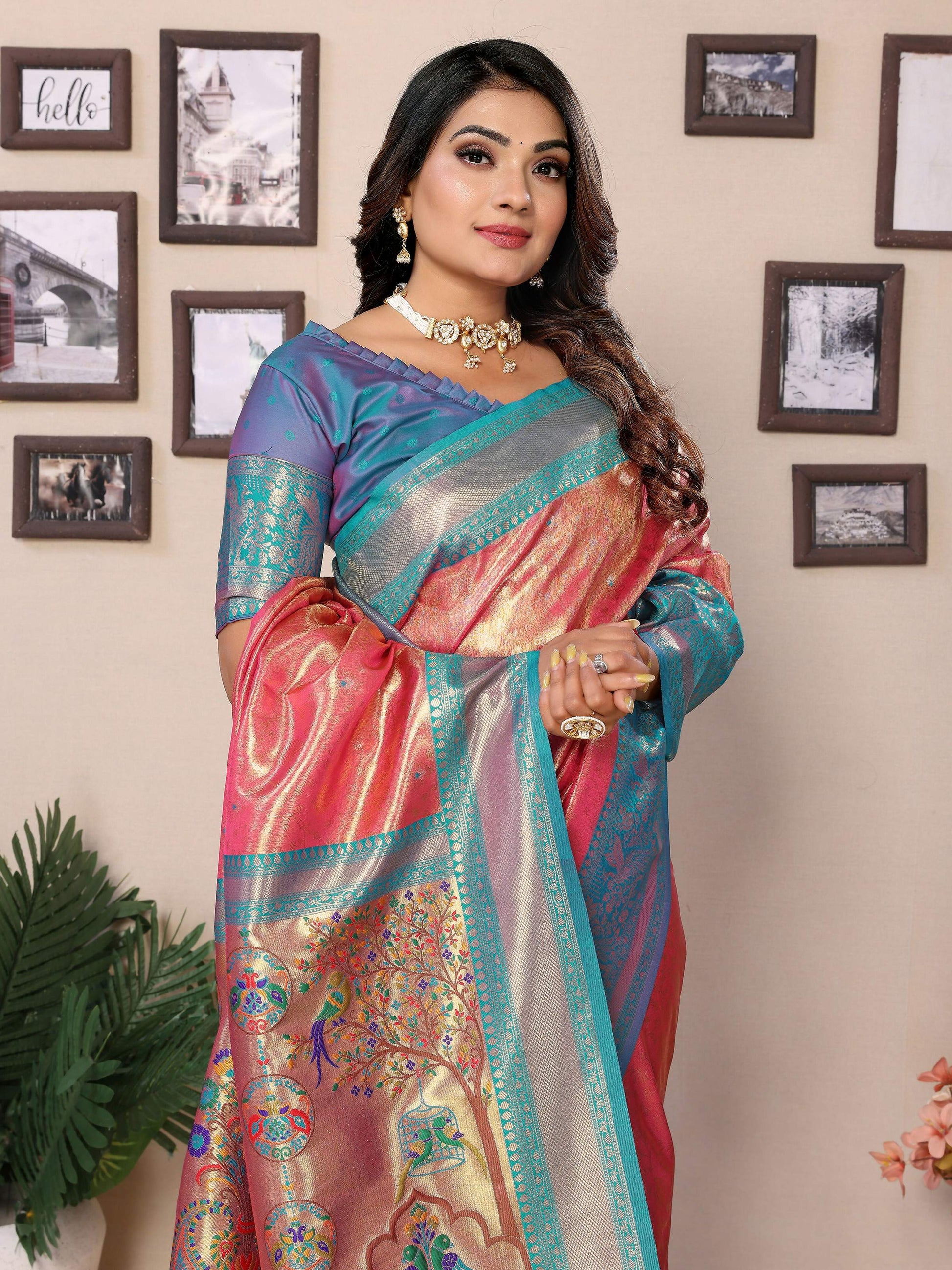 Aastha Fashion Pink Tissue Silk Weaving Saree - Distacart
