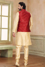 Thumbnail for Raivat Ethnic Jacquard Banarasi Silk Woven Work 3 Pics Jacket Set In Maroon Colour - Distacart