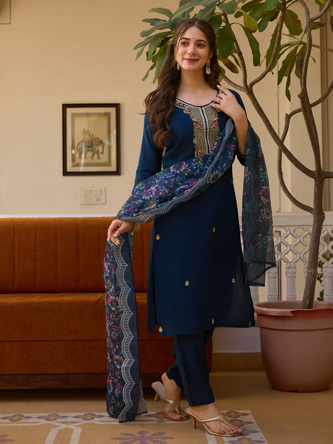 The52 Viscose Chanderi Fabric Straight Kurta, Pant and Dupatta Set
