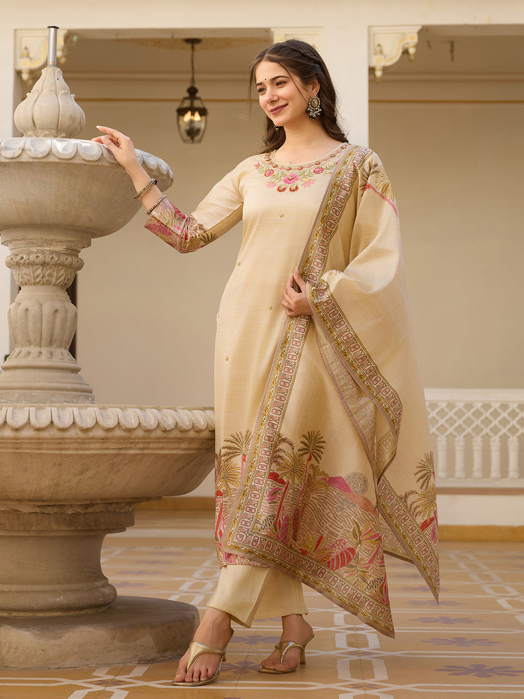 The52 Viscose Assam Silk Fabric Straight Kurta, Pant and Dupatta Set