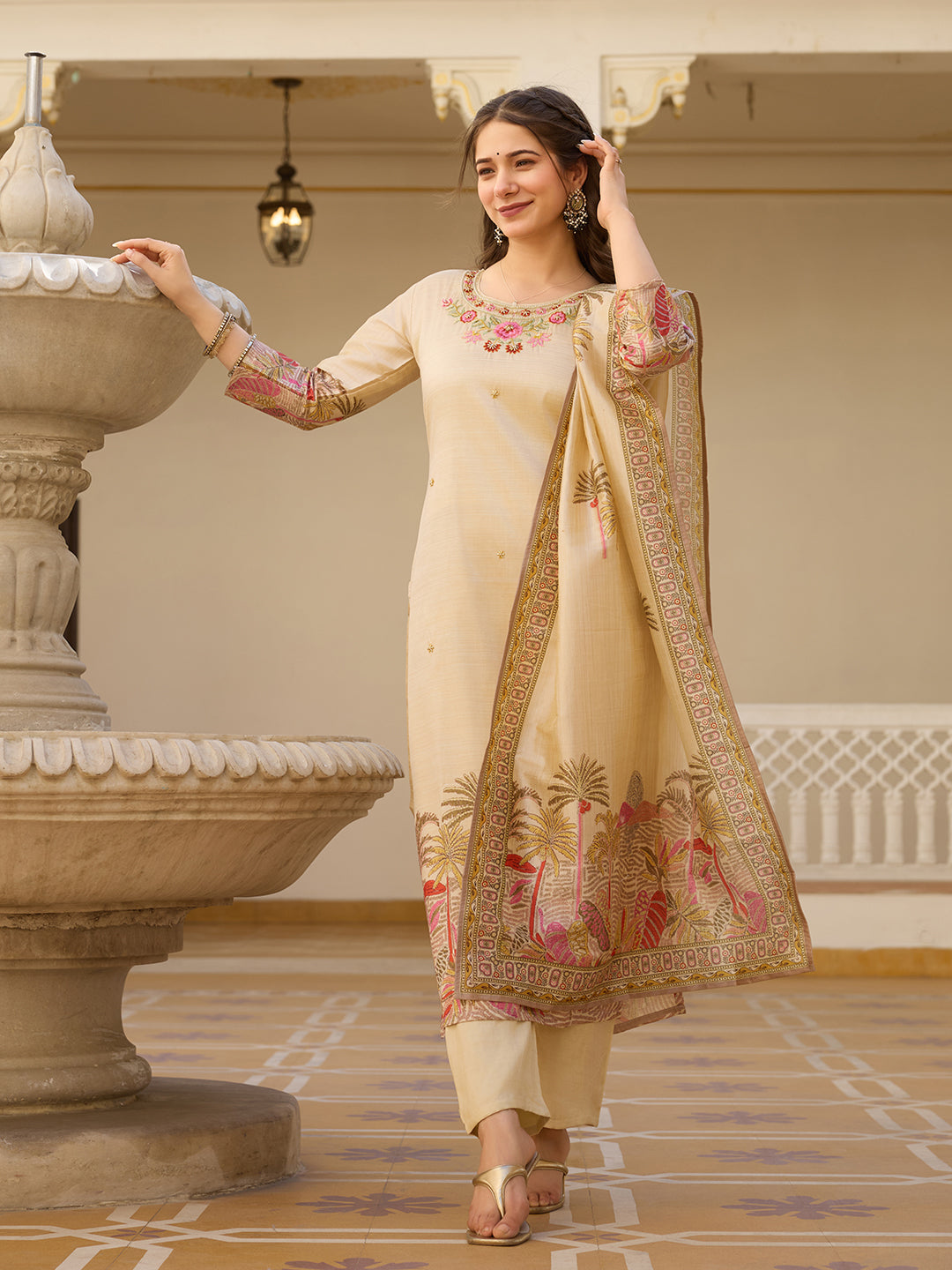 The52 Viscose Assam Silk Fabric Straight Kurta, Pant and Dupatta Set
