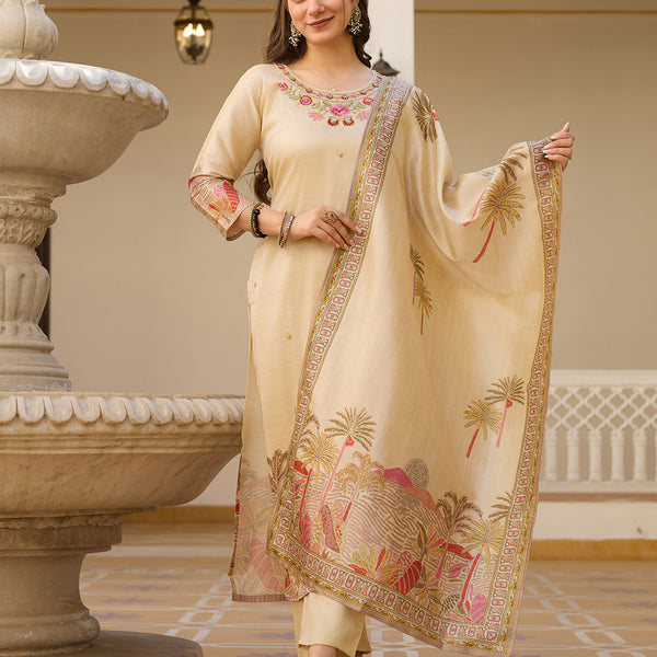 The52 Viscose Assam Silk Fabric Straight Kurta, Pant and Dupatta Set
