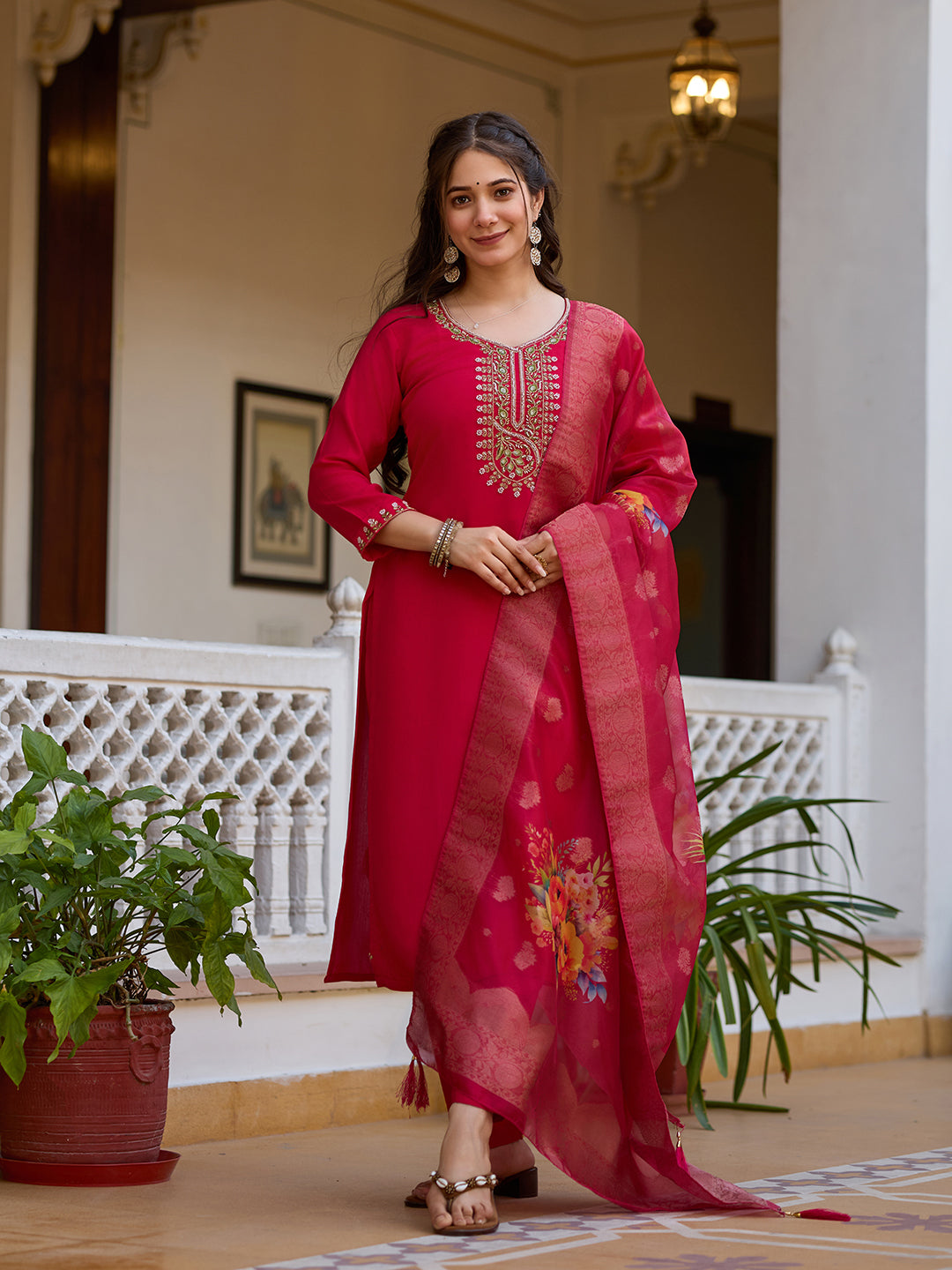 The52 Beautiful Viscose Chanderi Fabric Straight Kurta, Pant and Dupatta Set