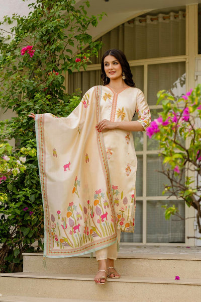 The52 Women's Viscose Assam Silk Embroidered Straight Kurta with Pant And Dupatta Set