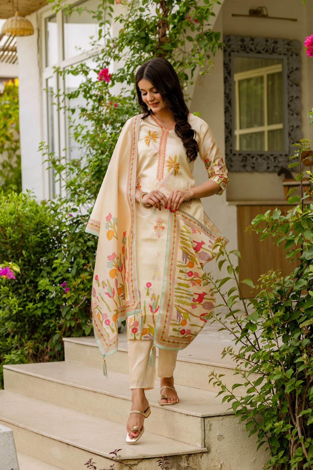 The52 Women's Viscose Assam Silk Embroidered Straight Kurta with Pant And Dupatta Set