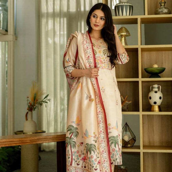 The52 Women's Beautiful Viscose Assam Silk Embroidered Straight Kurta with Pant And Dupatta Set - Distacart