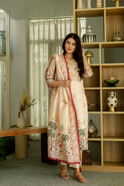 The52 Women's Beautiful Viscose Assam Silk Embroidered Straight Kurta with Pant And Dupatta Set