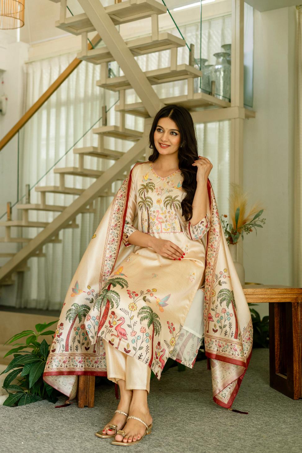 The52 Women's Beautiful Viscose Assam Silk Embroidered Straight Kurta with Pant And Dupatta Set