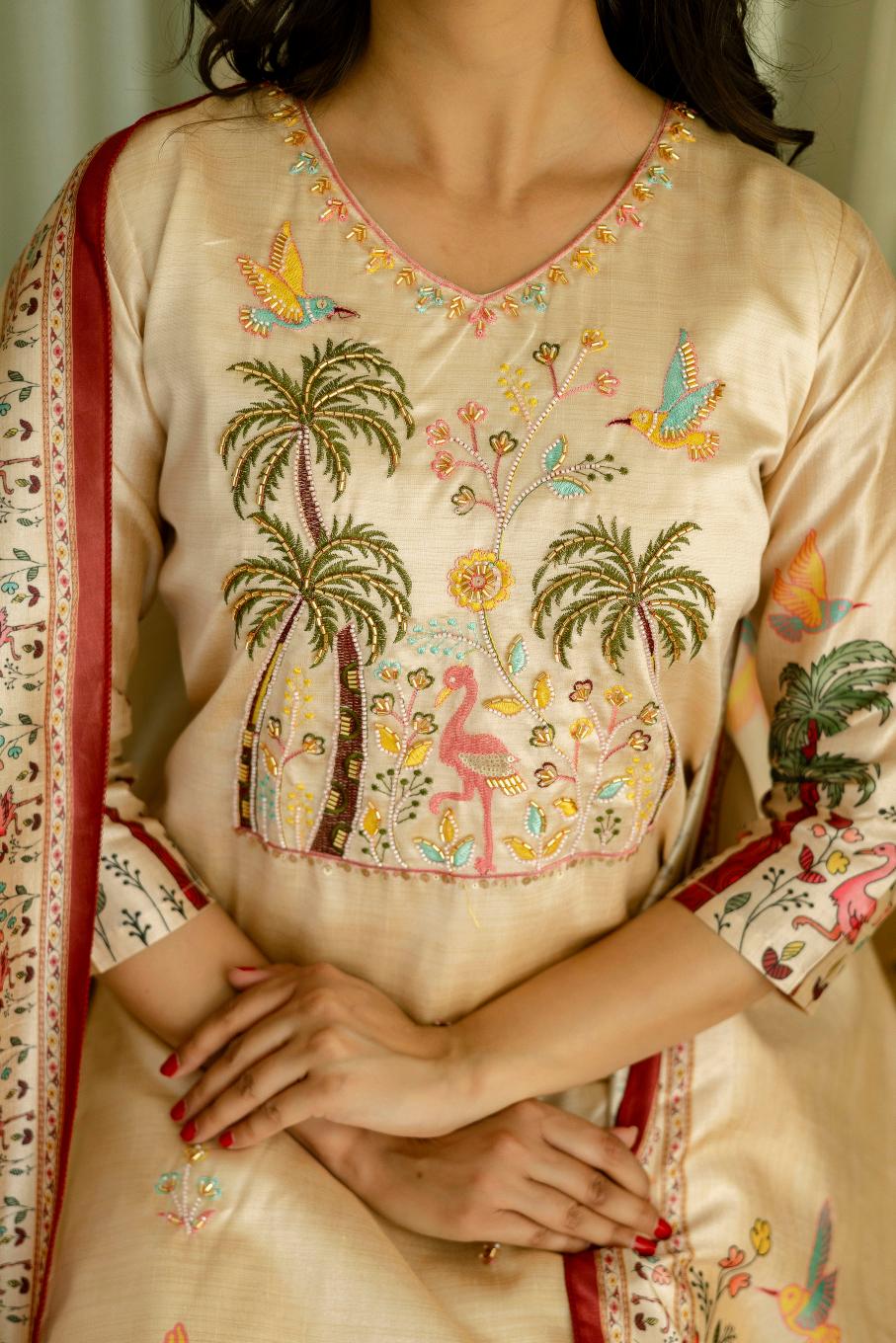 The52 Women's Beautiful Viscose Assam Silk Embroidered Straight Kurta with Pant And Dupatta Set