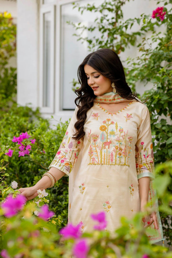 The52 Women's Beautiful Viscose Assam Silk Embroidered Straight Kurta with Pant And Dupatta Set