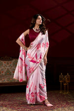 Thumbnail for Vastranavya Baby Pink Satin Silk Floral Printed with Pearl Lace Saree with Unstitched Blouse - Distacart