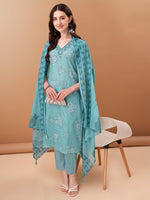 Thumbnail for Embroidered & Floral Printed Kurta With Pant & Printed Dupatta, Blue - Hiral Fashion - Distacart