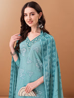 Thumbnail for Embroidered & Floral Printed Kurta With Pant & Printed Dupatta, Blue - Hiral Fashion - Distacart