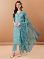 Thumbnail for Embroidered & Floral Printed Kurta With Pant & Printed Dupatta, Blue - Hiral Fashion - Distacart