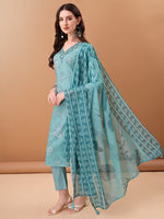 Thumbnail for Embroidered & Floral Printed Kurta With Pant & Printed Dupatta, Blue - Hiral Fashion - Distacart