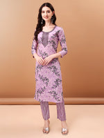 Thumbnail for Embroidered & Floral Printed Kurta With Pant & Printed Dupatta, Lavender - Hiral Fashion - Distacart