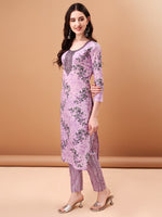 Thumbnail for Embroidered & Floral Printed Kurta With Pant & Printed Dupatta, Lavender - Hiral Fashion - Distacart