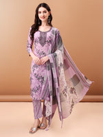 Thumbnail for Embroidered & Floral Printed Kurta With Pant & Printed Dupatta, Lavender - Hiral Fashion - Distacart