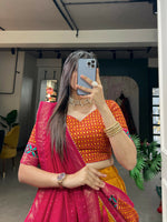 Thumbnail for Vastranavya Floral Print With Foil Print Tussar Silk Lehenga with Unstitched Blouse - Mustard - Distacart
