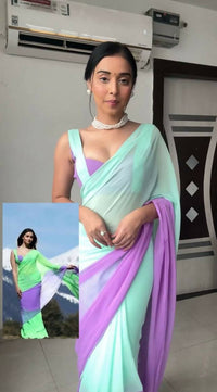 Thumbnail for Malishka Georgette Printed Ready To Wear Saree With Blouse Piece - Sea Green - Distacart