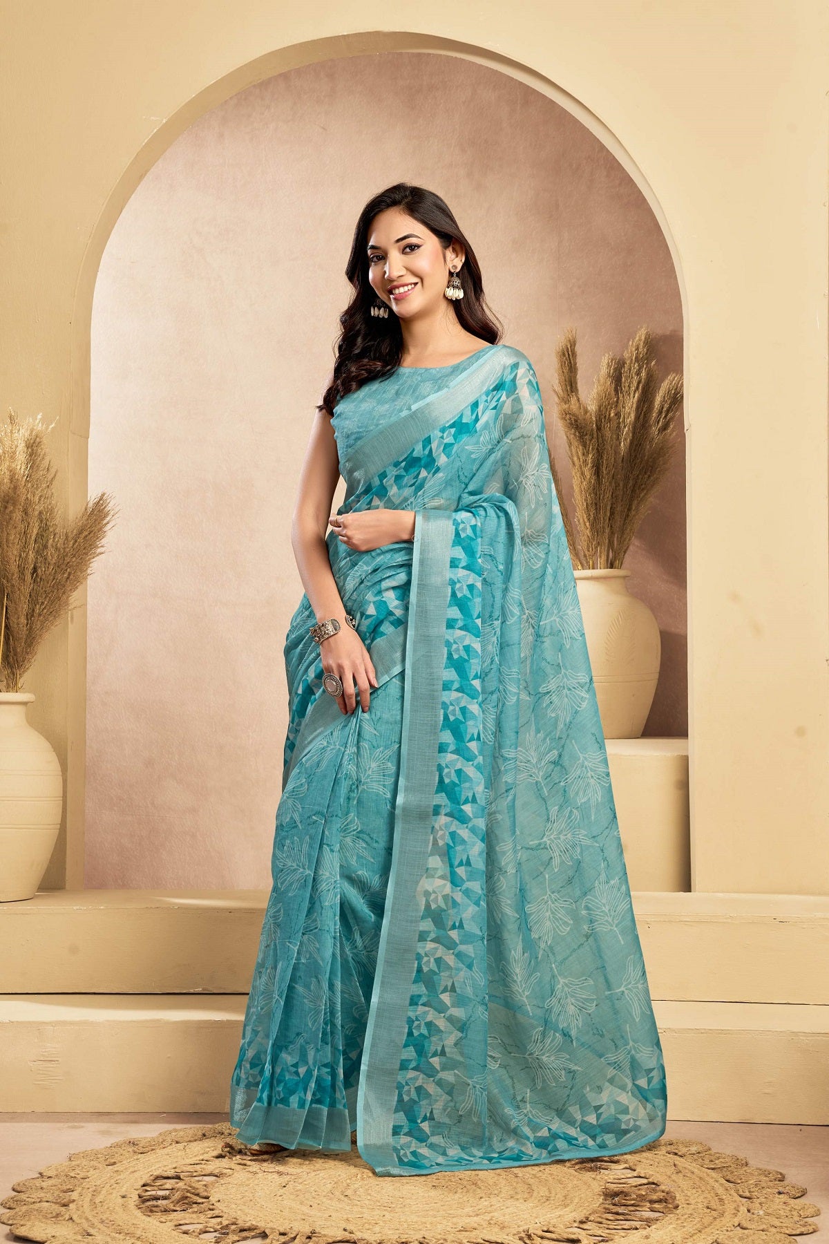 Dwija Fashion Turquoise Blue Party Wear Printed Linen Ready To Wear Saree With Unstitched Blouse
