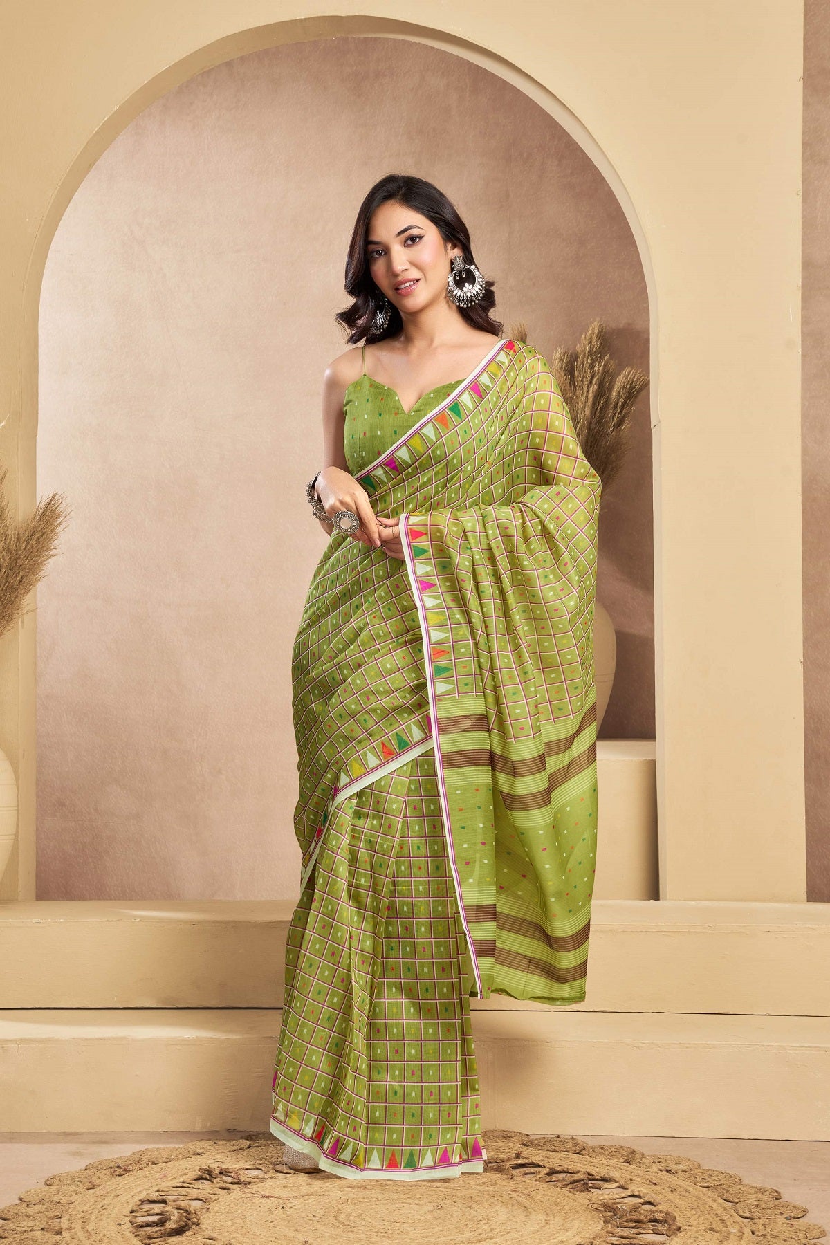 Dwija Fashion Mint Green Party Wear Printed Linen Ready To Wear Saree With Unstitched Blouse