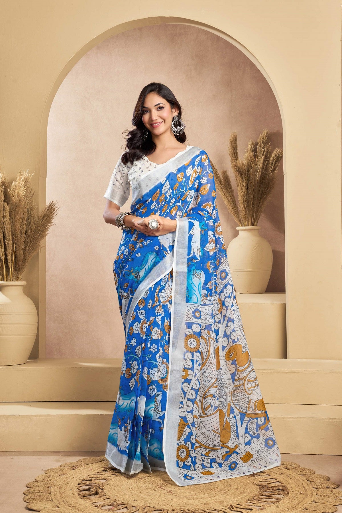 Dwija Fashion Blue Party Wear Printed Linen Ready To Wear Saree With Unstitched Blouse