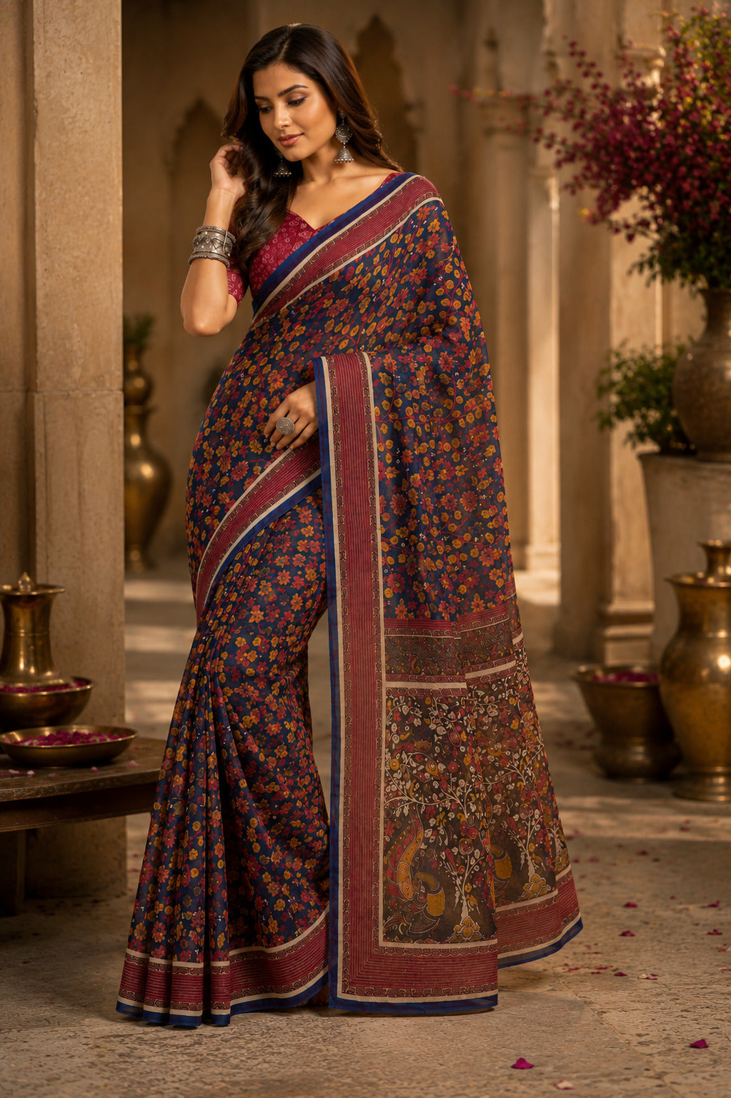Dwija Fashion Teal Blue Party Wear Printed Linen Ready To Wear Saree With Unstitched Blouse