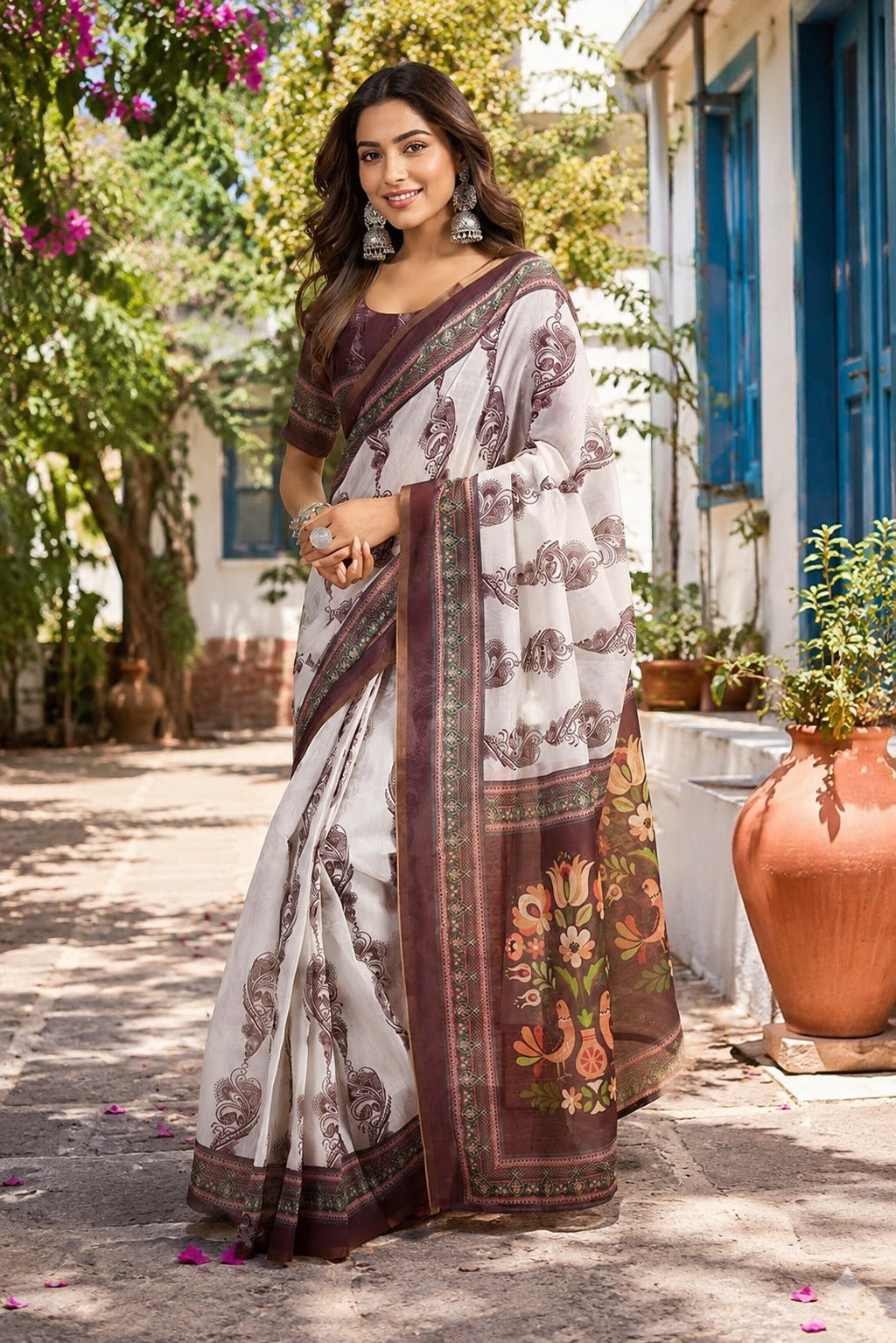 Dwija Fashion White Party Wear Printed Linen Ready To Wear Saree With Unstitched Blouse