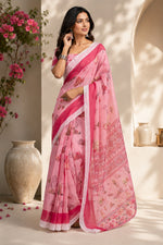 Thumbnail for Dwija Fashion Pink Party Wear Printed Linen Ready To Wear Saree With Unstitched Blouse