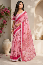 Thumbnail for Dwija Fashion Pink Party Wear Printed Linen Ready To Wear Saree With Unstitched Blouse