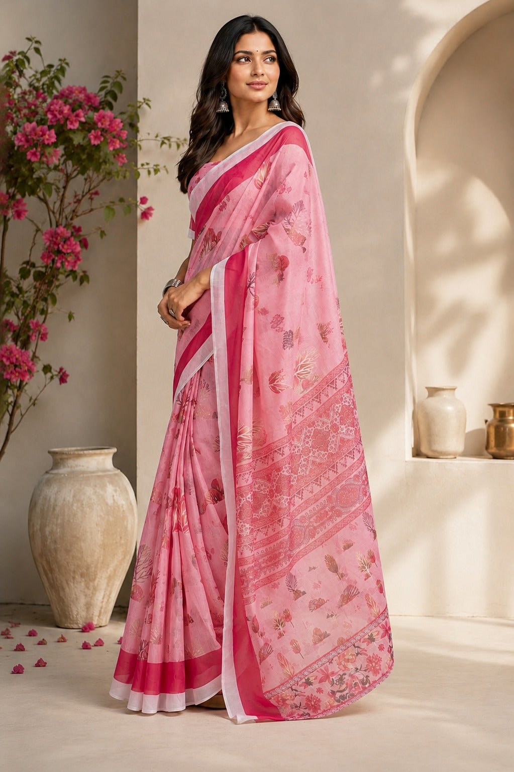 Dwija Fashion Pink Party Wear Printed Linen Ready To Wear Saree With Unstitched Blouse
