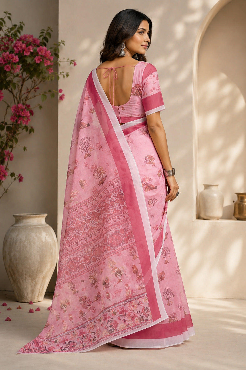 Dwija Fashion Pink Party Wear Printed Linen Ready To Wear Saree With Unstitched Blouse
