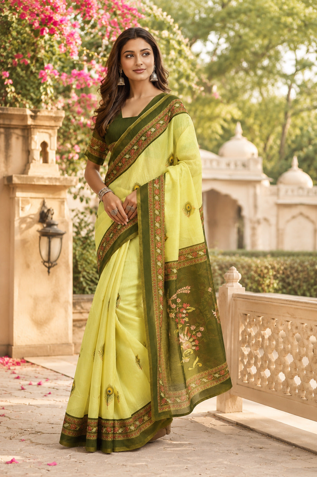 Dwija Fashion Mint Green Party Wear Printed Linen Ready To Wear Saree With Unstitched Blouse