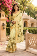 Thumbnail for Dwija Fashion Yellow Party Wear Printed Linen Ready To Wear Saree With Unstitched Blouse