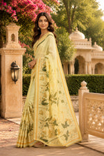 Thumbnail for Dwija Fashion Yellow Party Wear Printed Linen Ready To Wear Saree With Unstitched Blouse