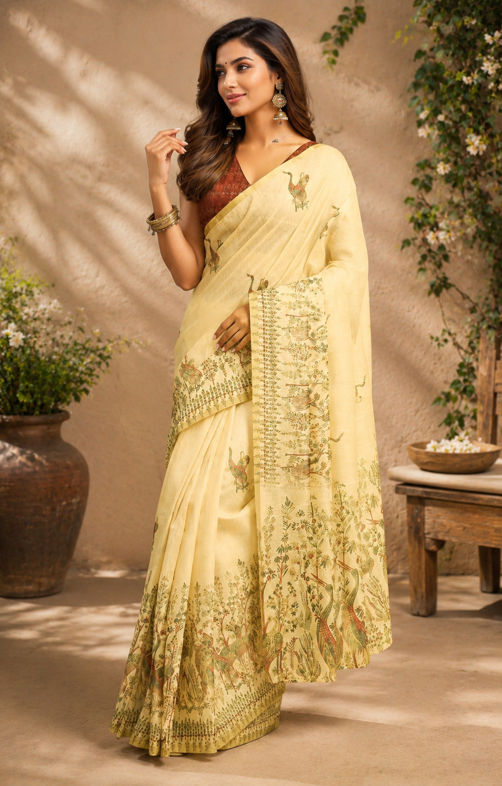 Dwija Fashion Lemon Yellow Party Wear Printed Linen Ready To Wear Saree With Unstitched Blouse